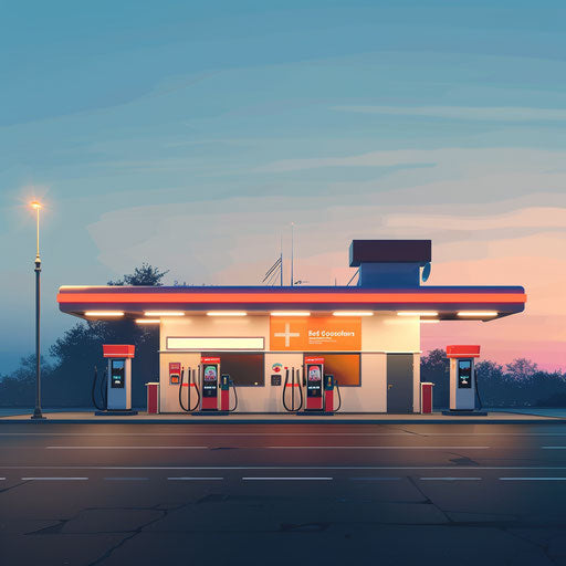 Photo-realistic gas station clipart on flat blue background