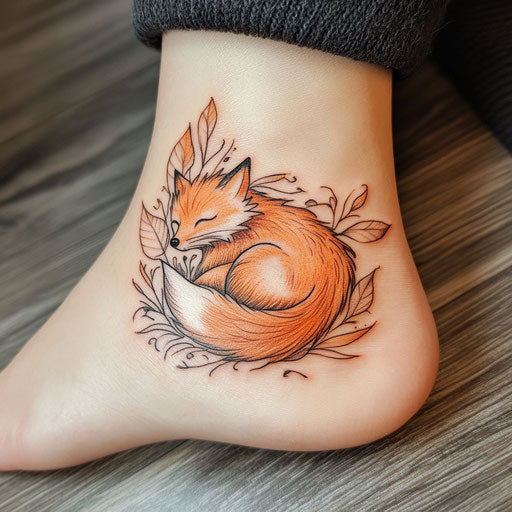 Ankle tattoos for women with a small fox curled up in leaves