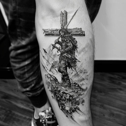 Epic narrative of a heroic quest cross tattoo for men