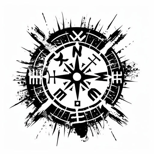 Zen tattoo sketch of a Viking compass, minimalist black and white clipart style with a calm aura