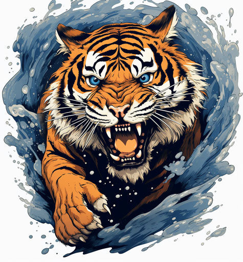 Jumping tiger, neo-traditional Japanese style, multilayered realism