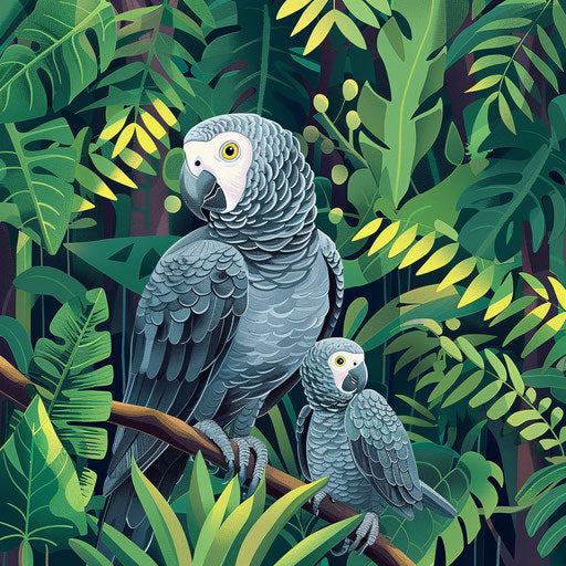 An African grey parrot guides its chick through a dense, green jungle, teaching it to navigate the complex ecosystem.