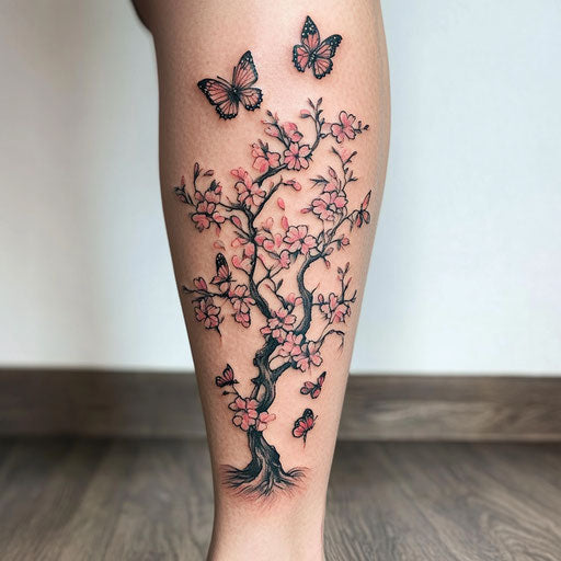 Cherry blossom tree tattoo in the style of Maria Sibylla Merian with butterflies and bees on the lower leg