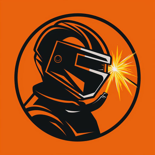 Dynamic welding logo with a welding arc and a bright orange background