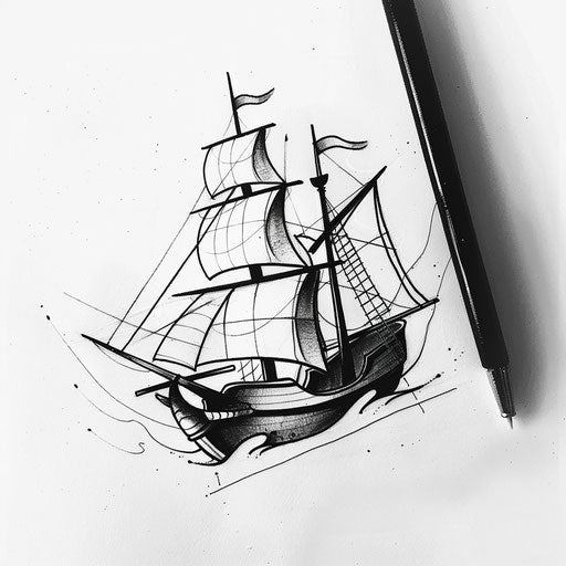 Minimalist tattoo sketch of a pirate ship, sleek design