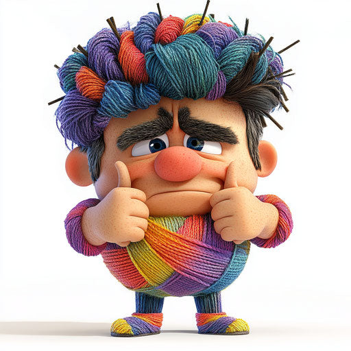 Humorous depiction of a yarn artwork with human features