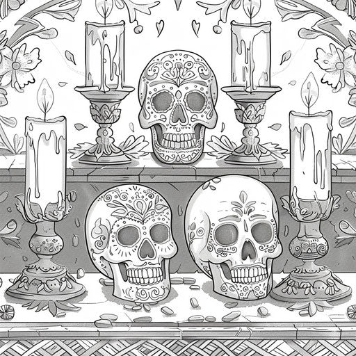 Day of the Dead altar, candles and sugar skulls, Gennady Spirin