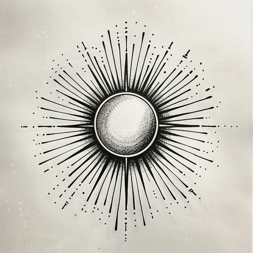 Dynamic flat tattoo sketch of a circle with radiating sunburst lines