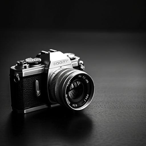 High-contrast black and white vintage camera