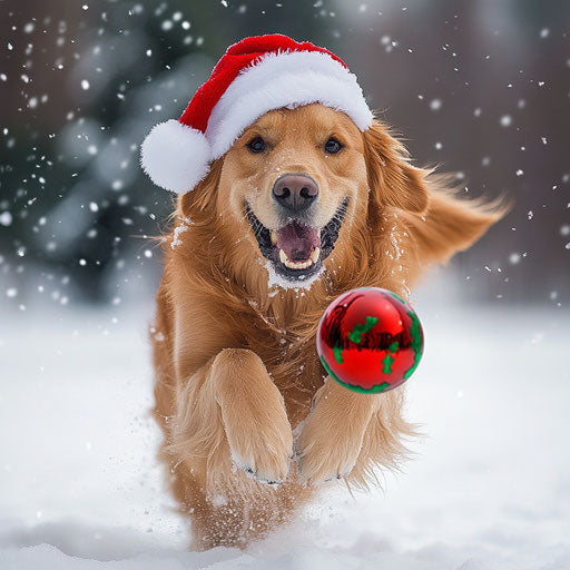 Golden retriever in Santa hat playing in the snow