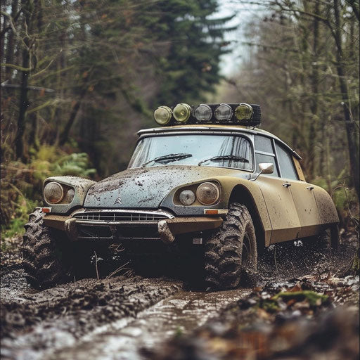 Vintage Citroen DS 20 with fat tires navigating muddy track
