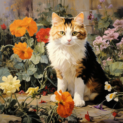 Manx cat in a flower bed with beautiful flowers