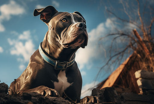 Dog sitting in yard looking at sky-blue and gray