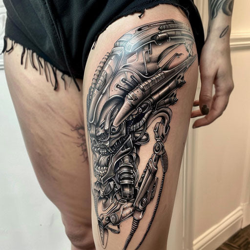 Biomechanical thigh tattoo designs