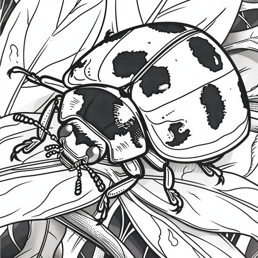 Ladybug on leaf close-up, coloring book page