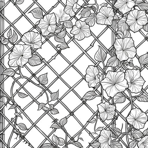Detailed vine of morning glories climbing up a trellis. Coloring book page