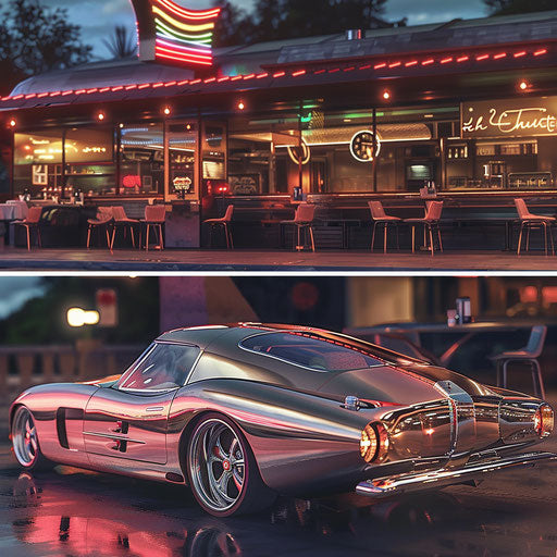Retro-futuristic car featuring Shelby Daytona with chrome details and inspired by 1950s rocket cars, parked at a retro diner