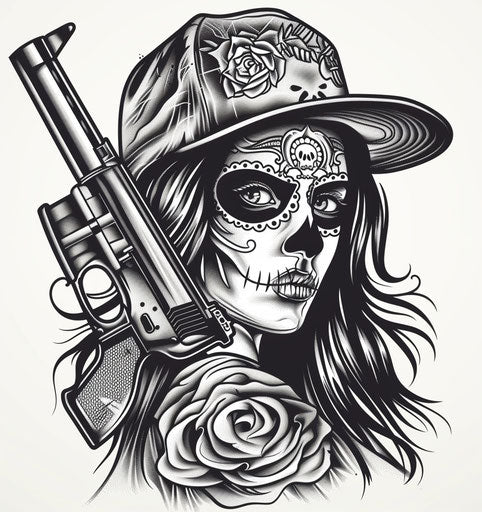Tattoo designs with sugar skull woman and cap, gun, rap style
