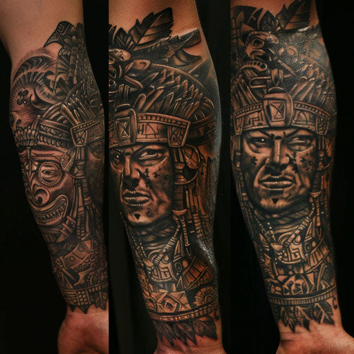 Aztec gods arm tattoo in the style of J.P. Targete