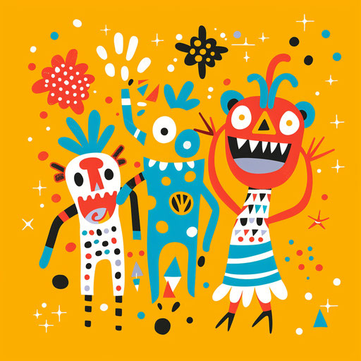 Whimsical company logo with playful characters and bright colors