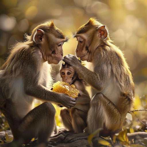 Monkey family teaches young to gather honey and avoid bees