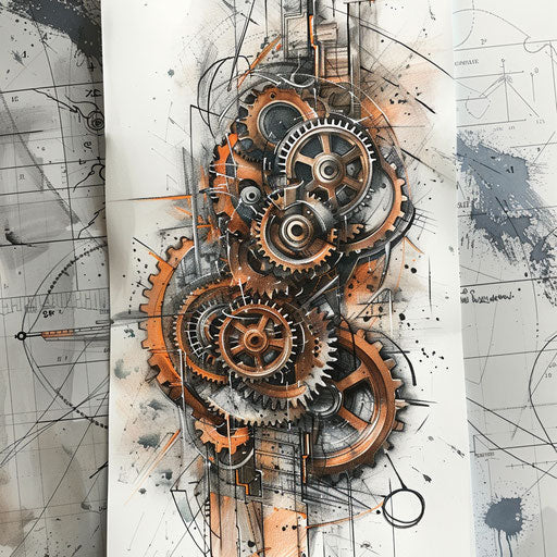 Industrial flat tattoo sketch for 13 tattoo with gears and metallic textures in bronze and gray