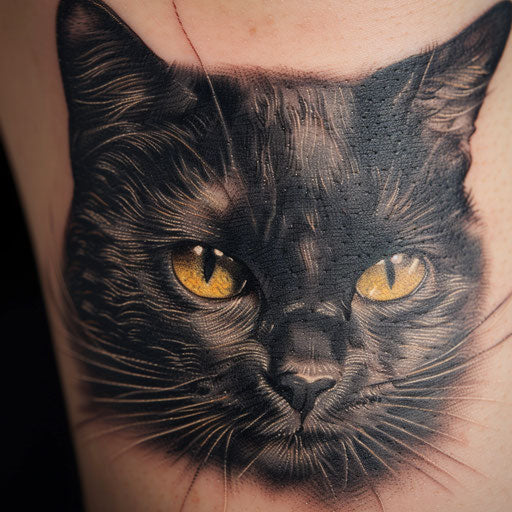 Realistic black cat tattoo on white background