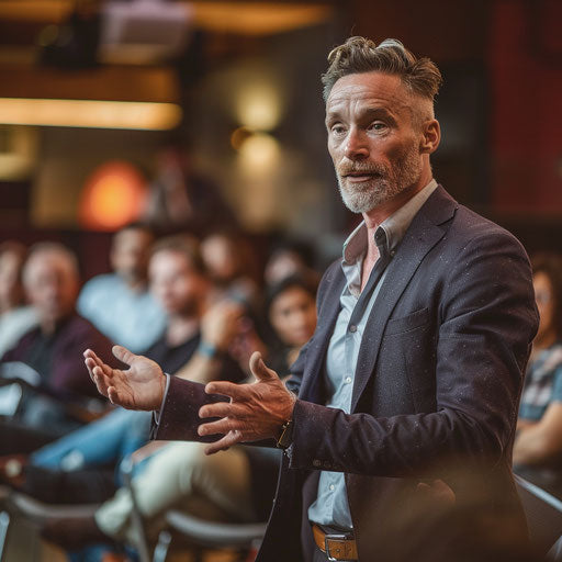 Motivational speaker interacting with audience at seminar