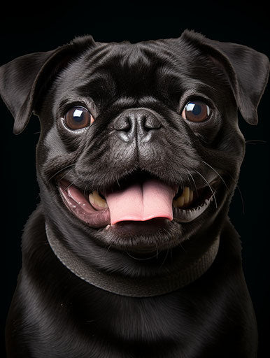 Black pug dog smiling at camera with large black eye