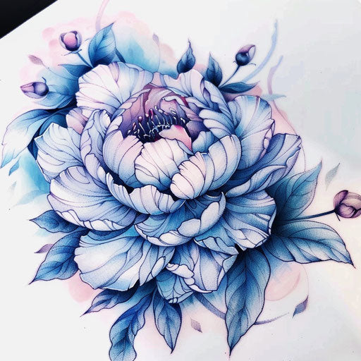Pastel tattoo sketch of an oriental peony with gentle hues and dreamy vibes