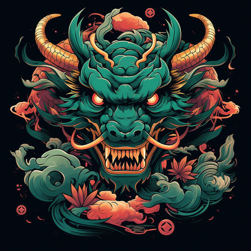 Junior Asian dragon head in dark emerald style