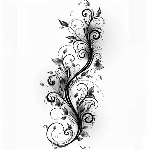 Abstract vine tattoo illustration with swirls and curves in black and grey on white