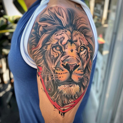 Lion tattoos for men with superhero themes, Steve McNiven style