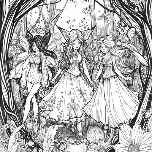Magical drawing of fairies and enchanted forests, Jen Bartel style, Coloring page