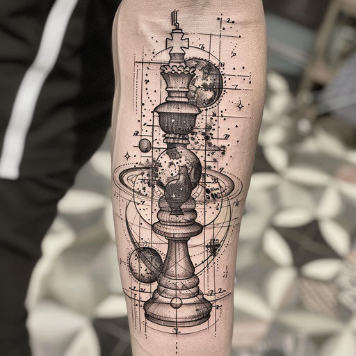Mystical flat tattoo sketch of celestial bodies as chess pieces, dark space theme