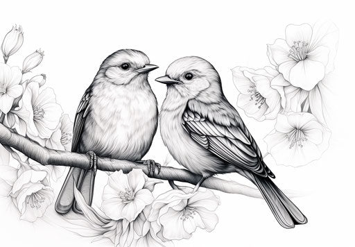 Birds on flowers, detailed line work style, natural realism