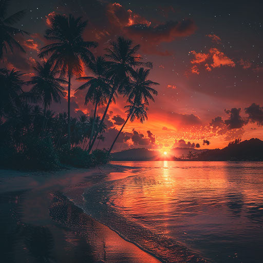 Sandy beach with palm trees silhouetted against a fiery sunset