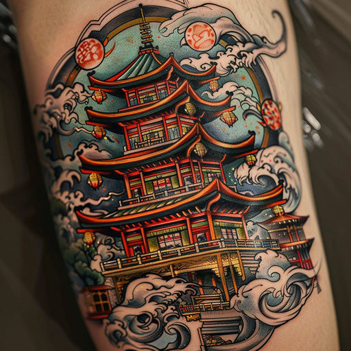 Neo-traditional tattoo sketch of a colorful oriental pagoda