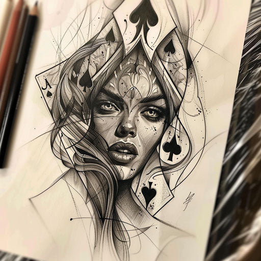 Queen of spades tattoo on white background, realistic drawing