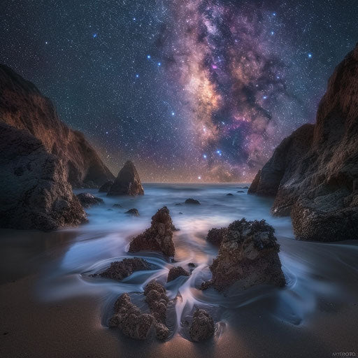 Milky Way over a rock beach illuminated by starlight