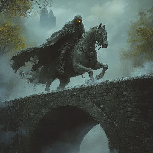 Headless horseman on ancient stone bridge