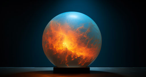 Blue sphere on dark background, gigantic scale, webcam style