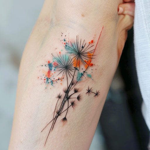 Abstract dandelion tattoo, blend of colors and shapes