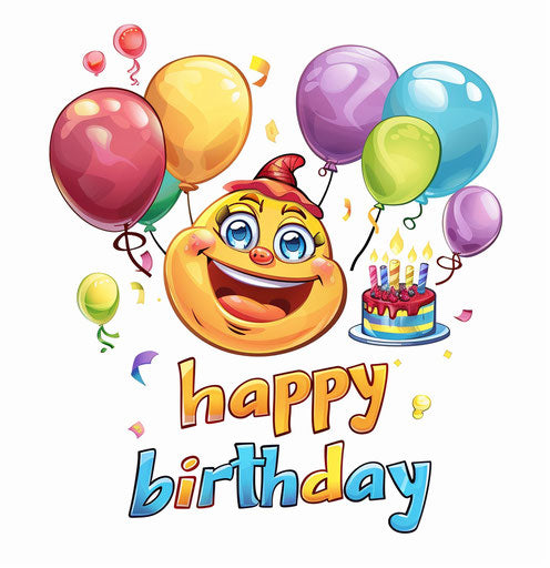 Happy birthday with smiley, balloons, and cake
