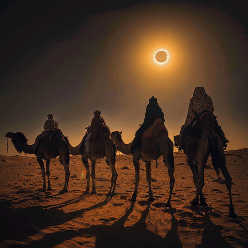 Camels and riders witnessing a solar eclipse in the desert