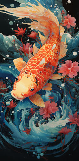 Koi fish swimming in colorful wave, manga style, precise lines