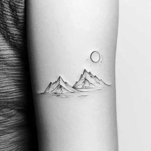 Minimalist mountains and moon tattoo on woman's upper arm