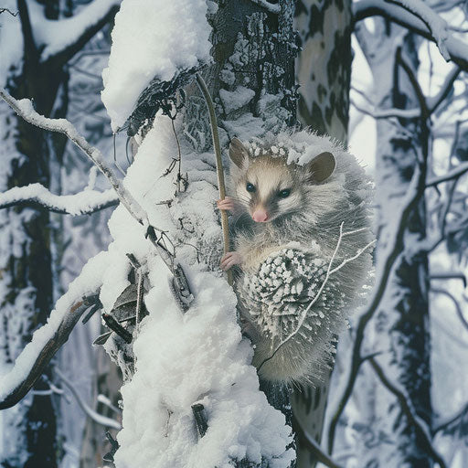 Possum camouflaged in a snowy forest