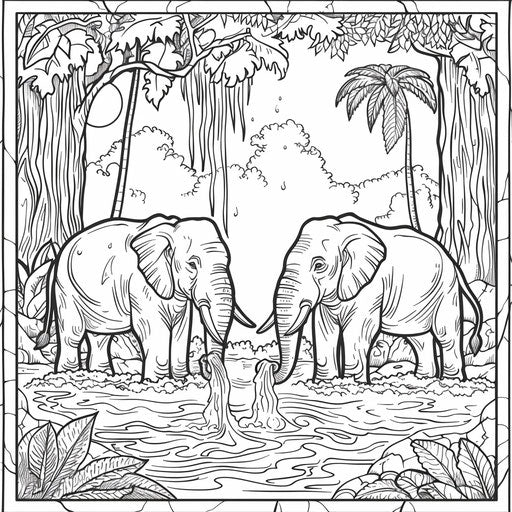 Elephants playfully spraying water in a jungle river