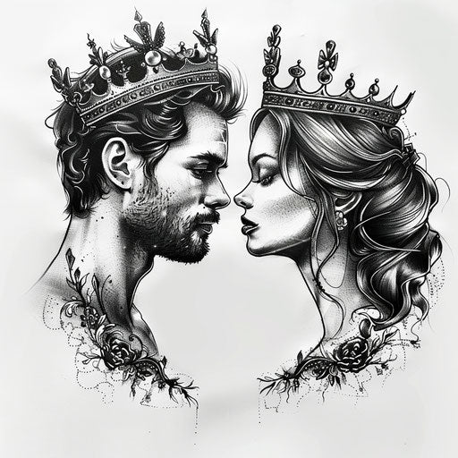 Royal tattoo in black and white with crowns & details
